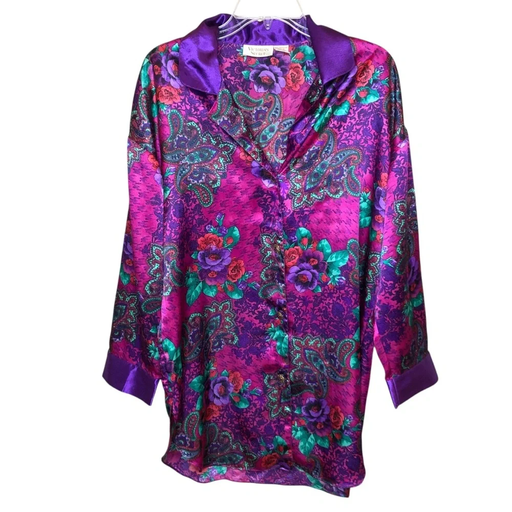Vintage Victoria’s Secret Satin Night Shirt Gown P/S Floral Paisley Gold Label
